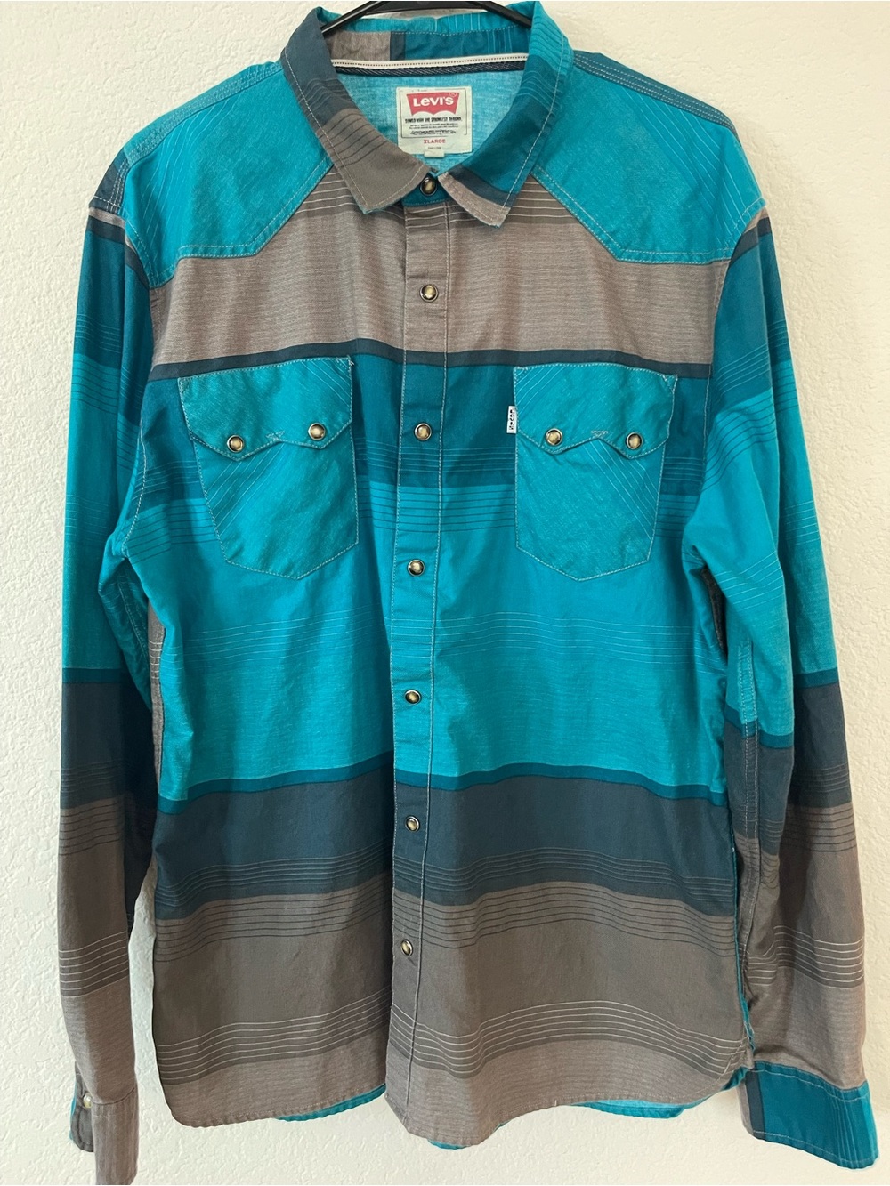 Levi's Men's Teal and Gray Striped Button-Down Shirt
